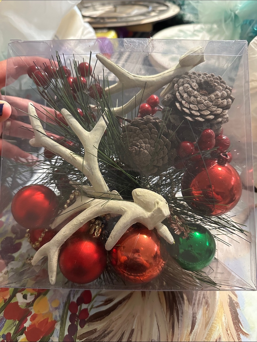 Holiday Pine & Ornament Centerpiece with Red and Green Accents